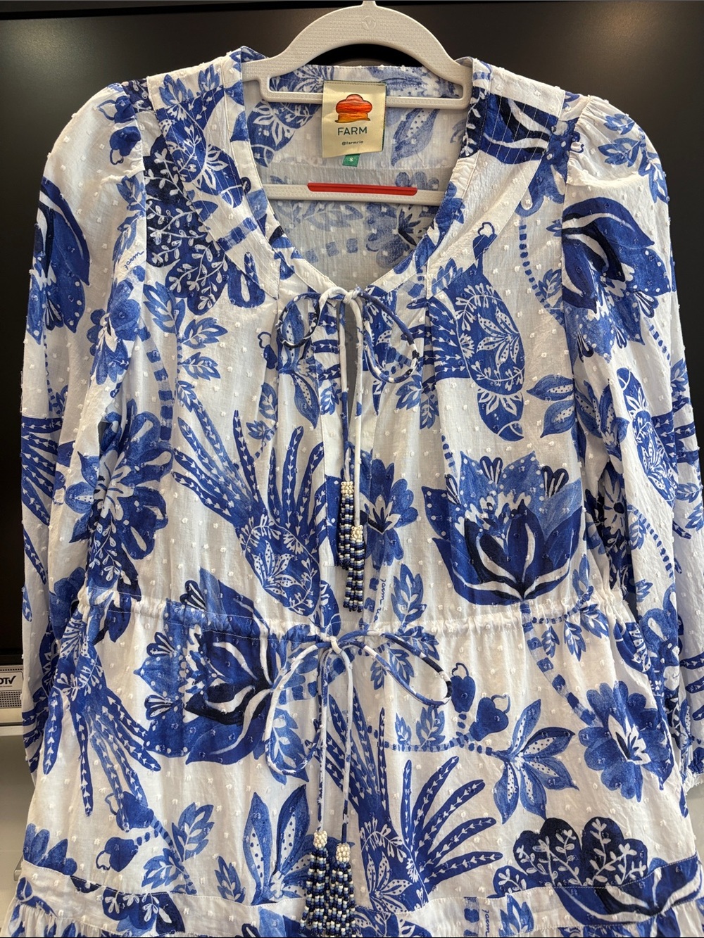 Like New FARM Rio White and Blue Floral Tiered Dress with Beaded Tassels, Small - Picture 3 of 8